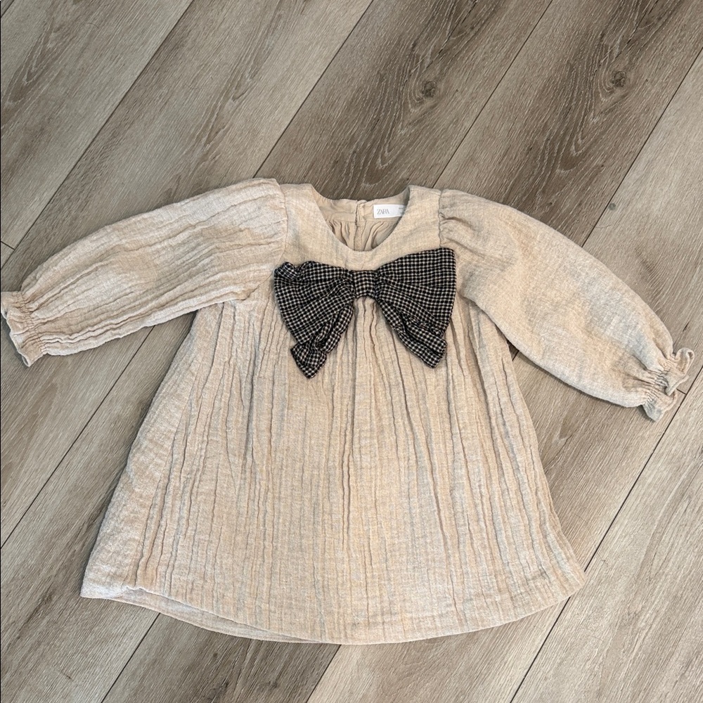 Zara Beige Dress with Black Gingham Bow